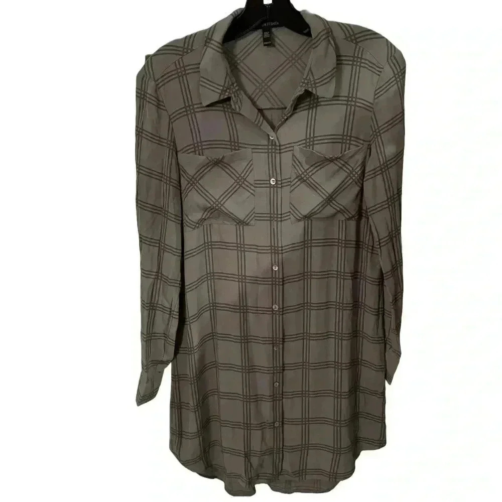 Eileen Fisher silk gray plaid button up short dress size XXS perfect condition